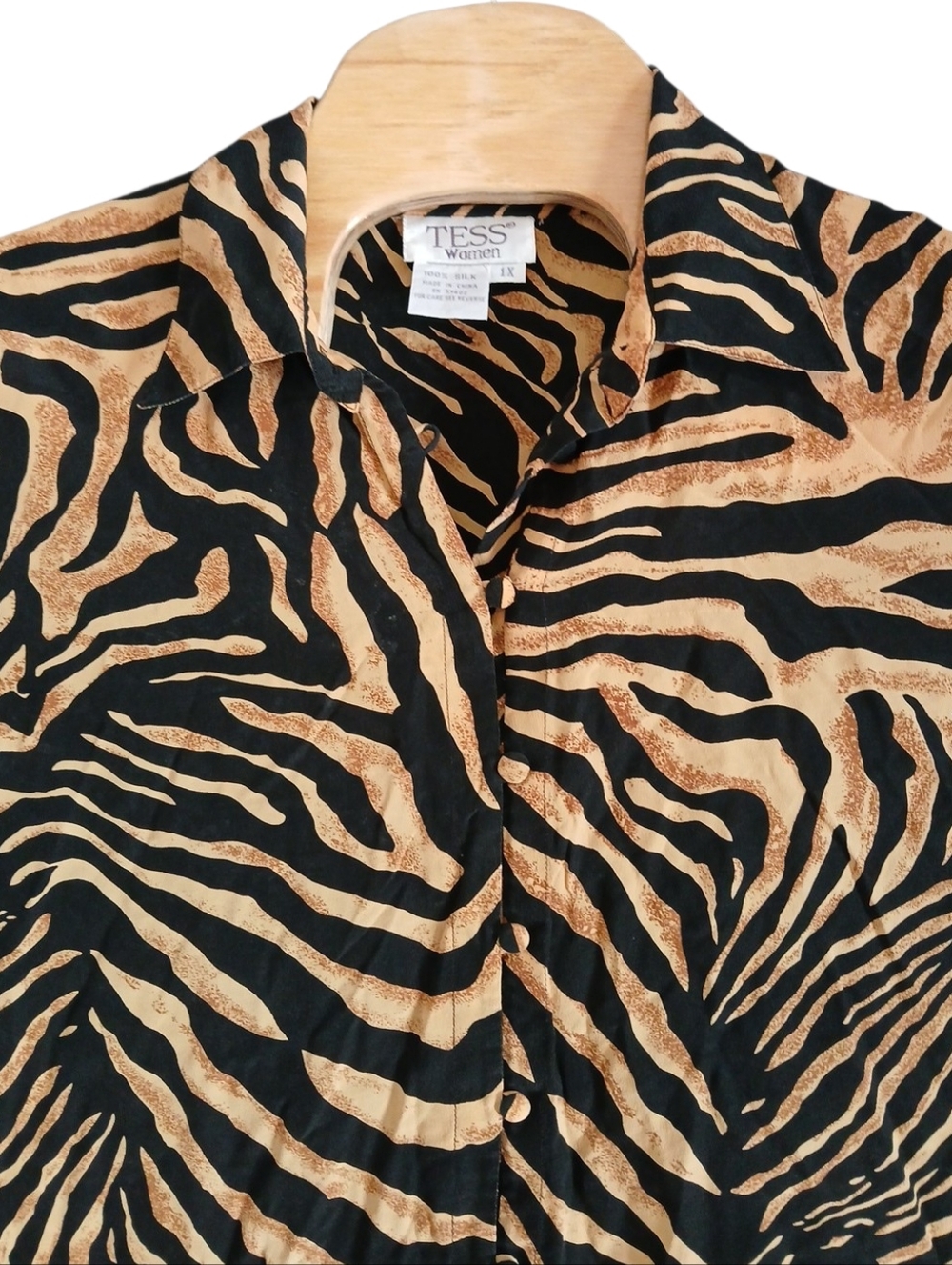 Vintage TESS Women Plus Size Zebra Print Button-Up Silk Blouse Black & Tan 1X